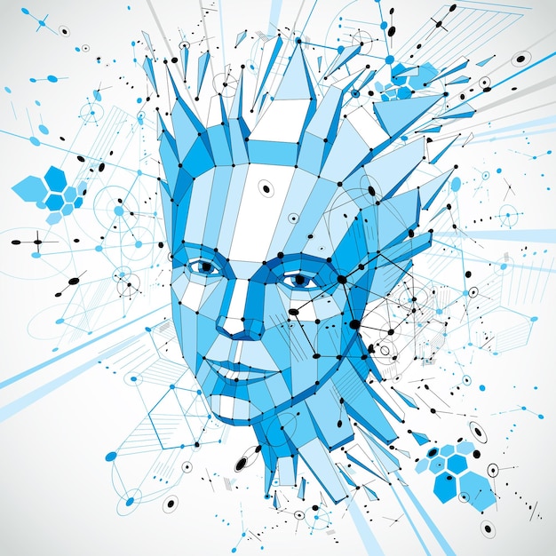 Futuristic 3d vector background made using Bauhaus elements. Head of woman exploding with thoughts created in low poly style, can be used in posters and presentations on subject of human imagination.