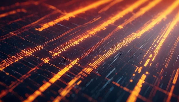 Futuristic abstract background with glowing orange lines and grids representing technology data flow or a digital circuit board