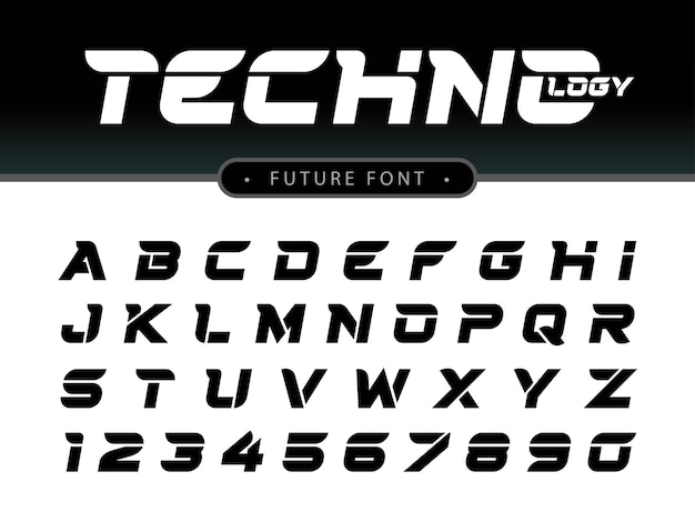 Futuristic Alphabet Letters and numbers, Future Techno stylized fonts