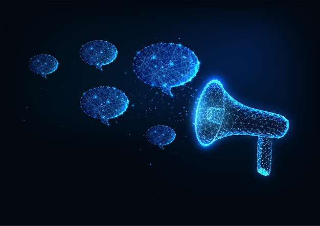 Futuristic announcement promotion advertisement concept with megaphone and speech bubbles