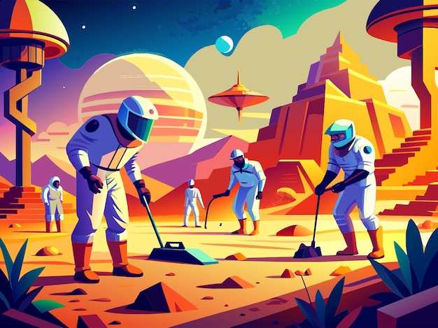 Vector futuristic archeologists uncovering ancient alien artifacts vector illustration flat 2