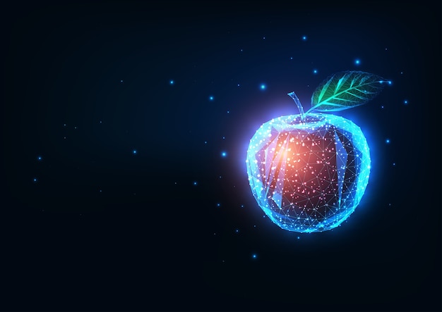 Futuristic biotechnology, food engineering concept with glowing low polygonal red apple isolated on dark blue background. Modern wire frame mesh.