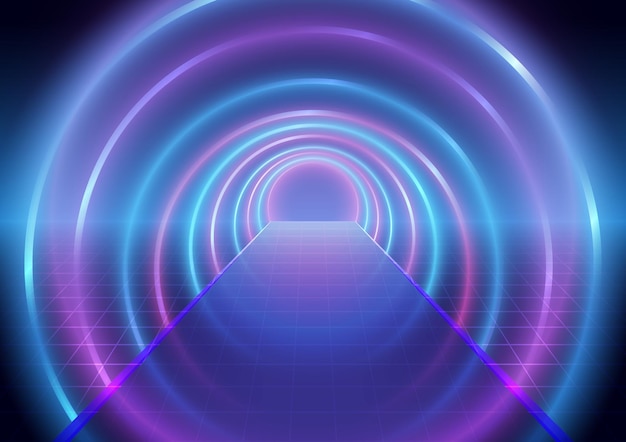 Futuristic blue and pink neon laser rings with blur shadow Ultraviolet fluorescent light tunnel Background