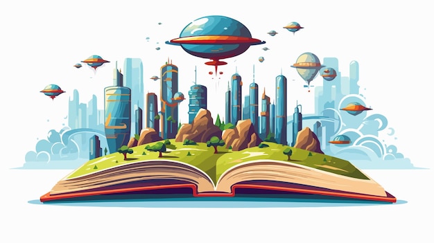 Vector futuristic book illustration featuring cell towers image