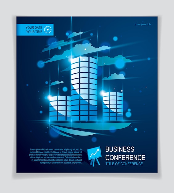 Futuristic building ad, modern vector architecture brochure with blurred lights and glares effect. Real estate realty business center blue design. 3D futuristic facade business conference template.