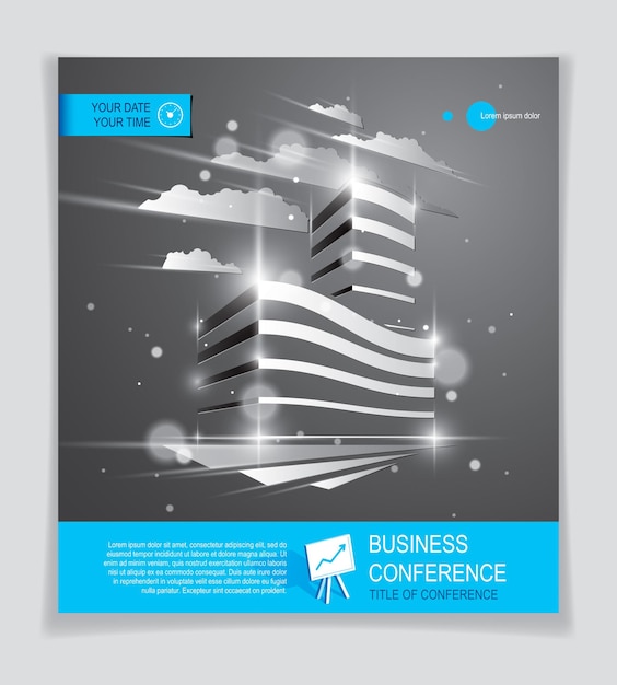 Vector futuristic building ad, modern vector architecture brochure with blurred lights and glares effect. real estate realty business center grey design. 3d futuristic facade business conference template.