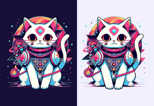 futuristic cat illustration gaming t shirt logo design techno cat cyber punk retrowave