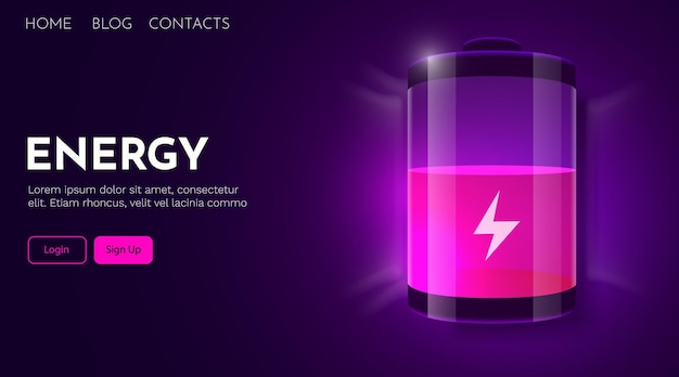 Futuristic charging battery Concept of energy Landing page template