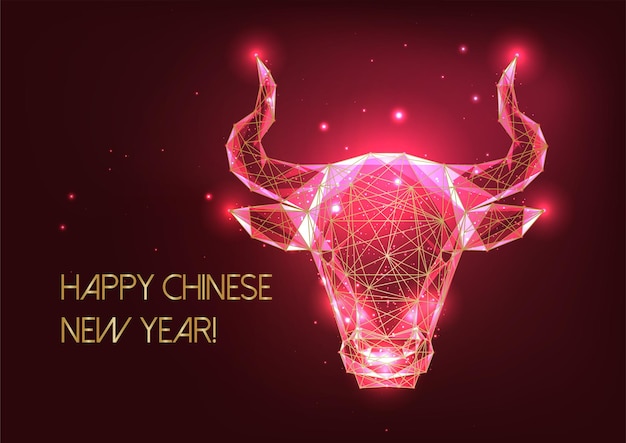 Futuristic Chinese New Year greeting card template with glowing golden low polygonal ox horoscope sign on red background. Modern wireframe mesh design