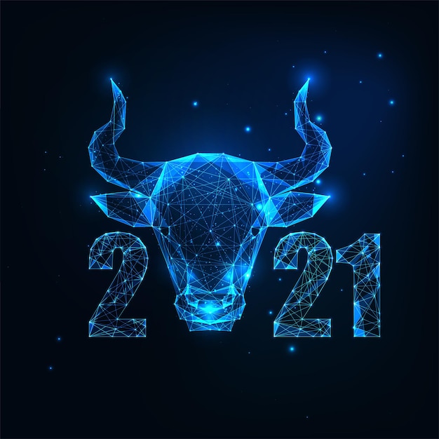 Futuristic Chinese New Year greeting card template with glowing low polygonal ox horoscope sign and numbers on dark blue background. Modern wireframe mesh design