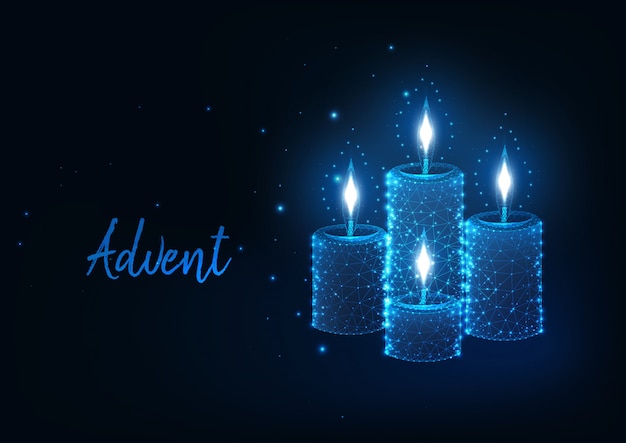 Futuristic Christmas Advent concept with glowing low polygonal burning candles with lights