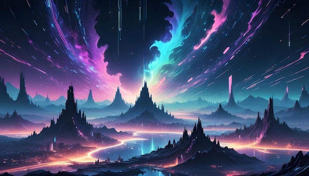 A futuristic city nestled amidst towering mountains illuminated by neon lights with a swirling aurora borealis in the night sky