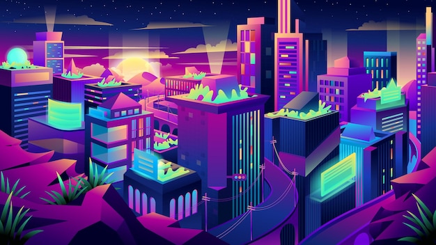 Futuristic city vector landscape. Advanced futuristic tools and high-tech twilight city buildings.