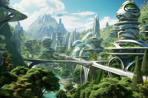 a futuristic city with a bridge and mountains in the background