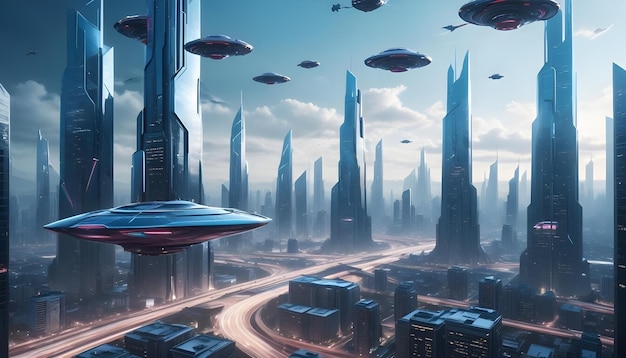 Futuristic city with towering skyscrapers flying cars and a large spaceship hovering in the center