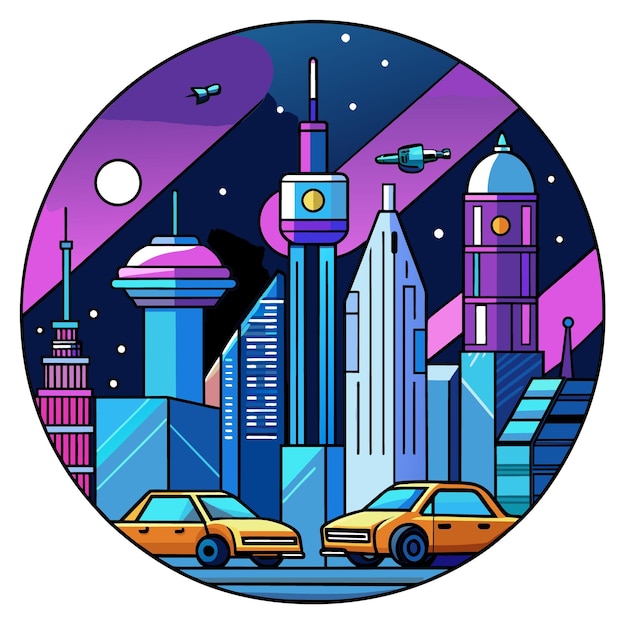 Vector futuristic cityscape at night with neon signs flying cars and towering skyscrapers all in a cybe