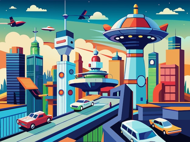 Futuristic cityscape with flying cars and robots Illustration