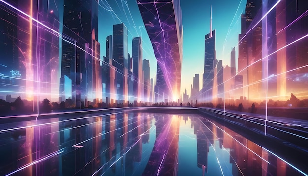 Vector futuristic cityscape with glowing lines and reflections