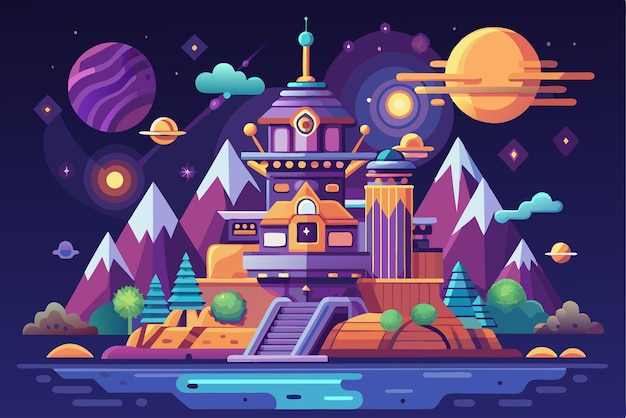 Vector futuristic cityscape with mountain range and planets