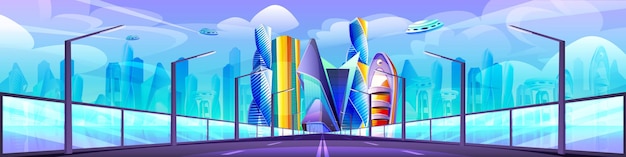 Futuristic cityscape with unusual glass buildings and road. Modern architecture towers and skyscrapers. Future city with highway, flying town parts. Cartoon vector alien urban landscape design.