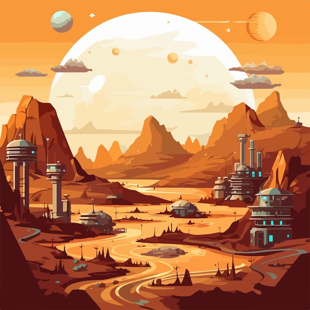 Vector futuristic colony buildings on alien landscape