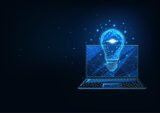 Futuristic creative business idea concept with glowing low polygonal laptop and light bulb on dark blue background. Modern wireframe mesh design