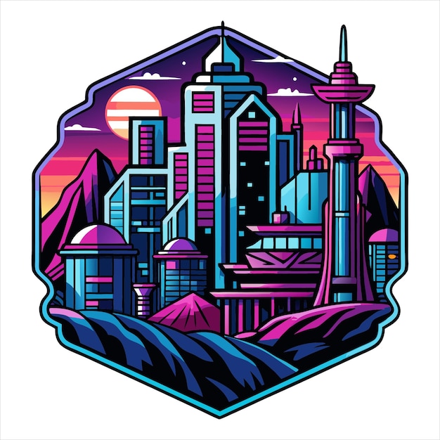 Vector futuristic cyberpunk cityscape vector sticker in cyberpunk style on white background