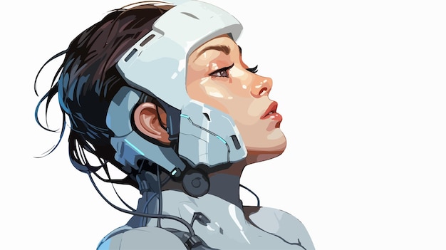 Vector futuristic cyborg female looking down on white background