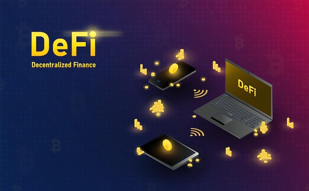 Futuristic Defi Blockchain hologram laptop smartphone and tablet connection Future concept