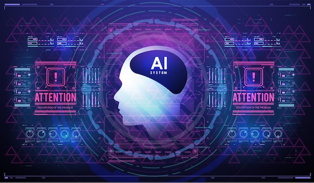 Futuristic design of an Artificial Intelligence brain with futuristic hud elements AI and technology concept Abstract glowing colorful digital brain with circuit background