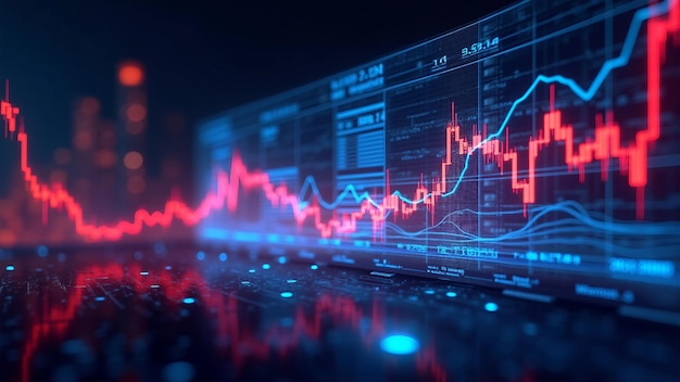 Vector futuristic digital financial market with glowing graphs and charts