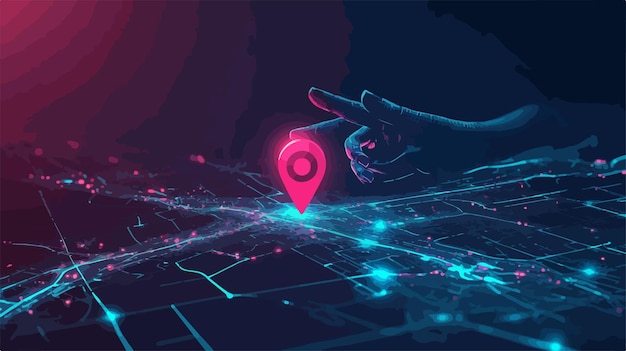 Vector futuristic digital hand pointing one location pin on map