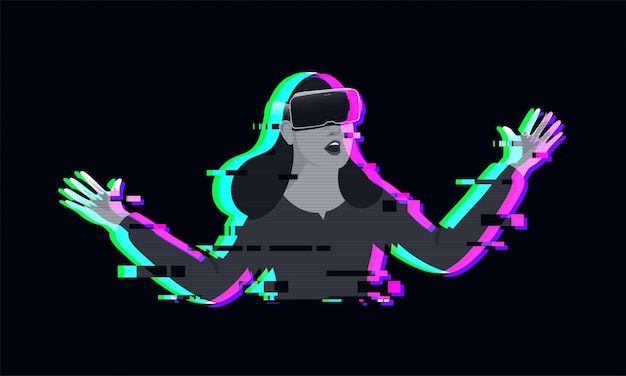 Futuristic digital technology metaverse NFT virtual reality surrealism concept young girl wearing VR virtual reality goggle experiencing virtual world glitch effect