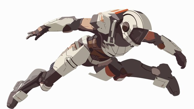 Vector futuristic droid soldier flying down in action flat vector