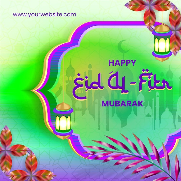 Futuristic eid al fitr mubarak social media post design vibrant purple green background