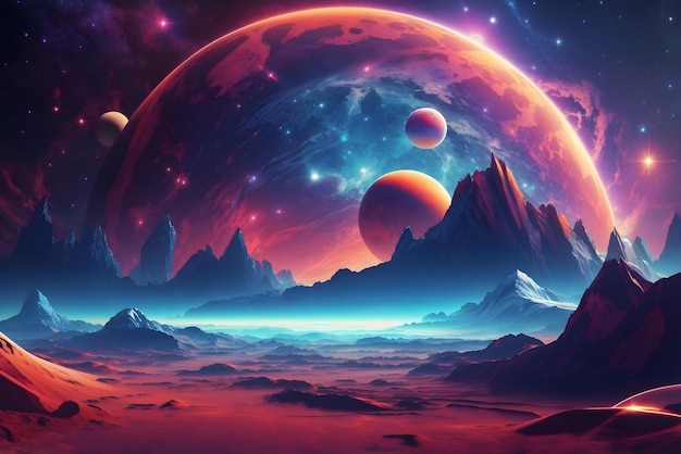 Vector futuristic fantasy landscape scifi landscape with planet neon light cold planet