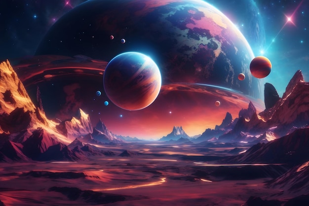 Vector futuristic fantasy landscape scifi landscape with planet neon light cold planet