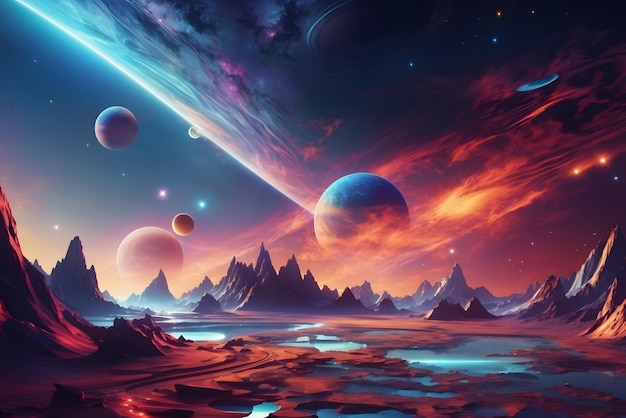 Vector futuristic fantasy landscape scifi landscape with planet neon light cold planet