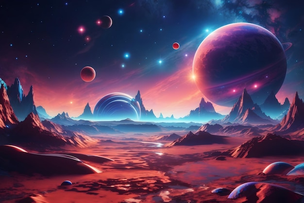 Vector futuristic fantasy landscape scifi landscape with planet neon light cold planet