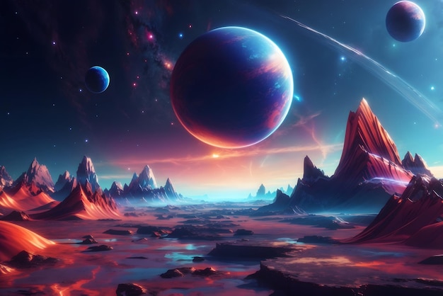 Vector futuristic fantasy landscape scifi landscape with planet neon light cold planet