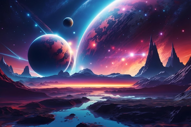 Vector futuristic fantasy landscape scifi landscape with planet neon light cold planet