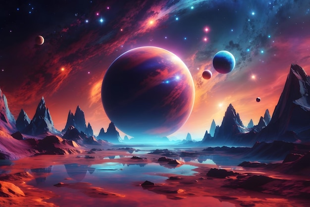 Vector futuristic fantasy landscape scifi landscape with planet neon light cold planet