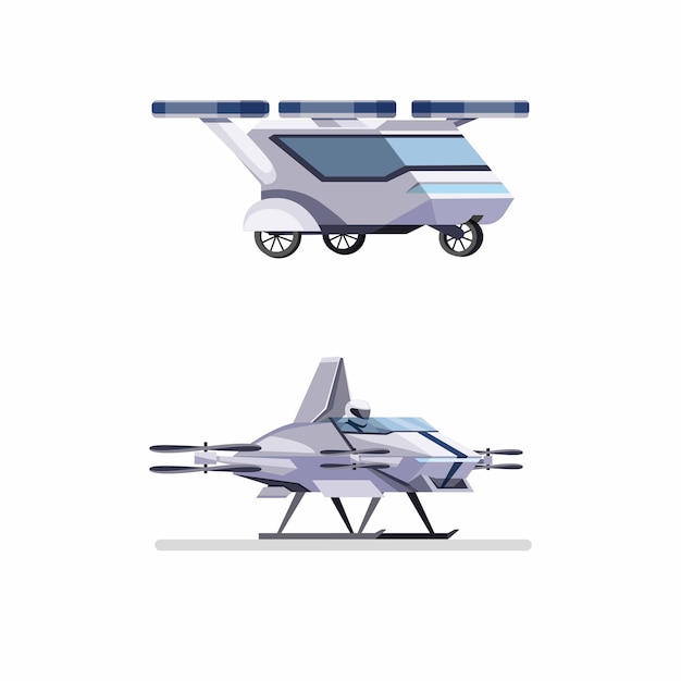 Vector futuristic flying car drone with passenger concept in flat cartoon illustration isolated in white background