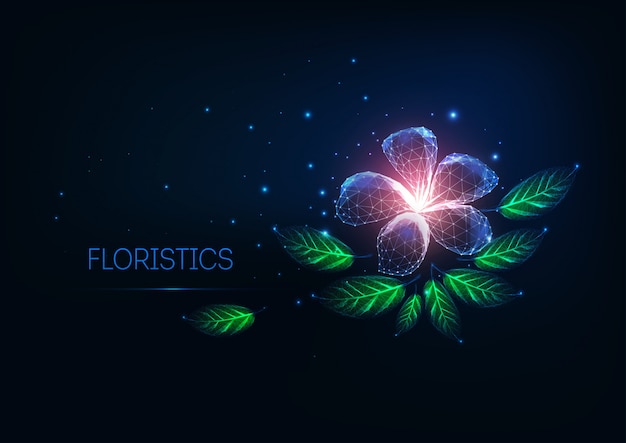 Futuristic glow low poly Floristic, online flower shop concept with purple flower and green leaves