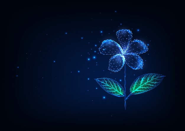 Futuristic glowing low polygonal flower isolated on dark blue background.