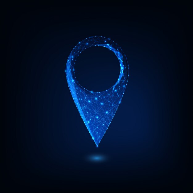 Vector futuristic glowing low polygonal gps symbol isolated on dark blue background.