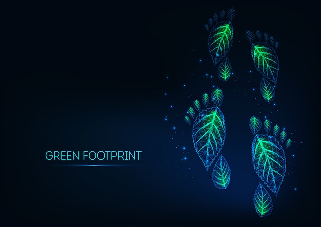 Vector futuristic glowing low polygonal green ecological footprints made of leaves on dark blue background.