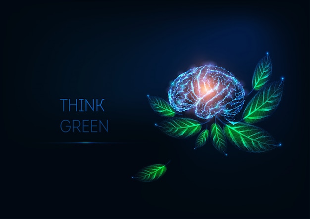 Futuristic glowing low polygonal human brain and green leaves on dark blue background.