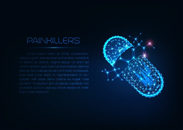 Futuristic glowing low polygonal pill capsule with painkiller ibuprofen structural formula.