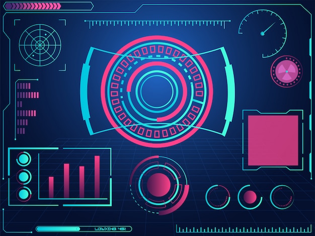 Vector futuristic graphic user interface hud and radar screens on blue grid background.